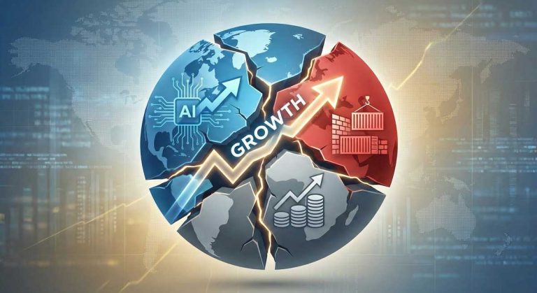 Conceptual chart illustrating the fractured 2025 Global Economy, showing AI growth and tariff impacts.