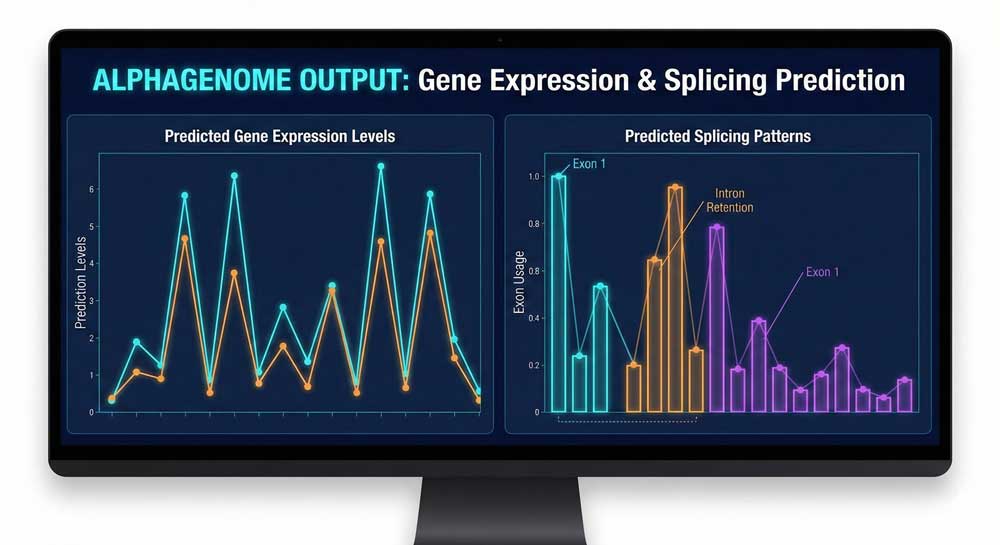 AlphaGenome DNA sequence prediction output showing gene expression and splicing patterns