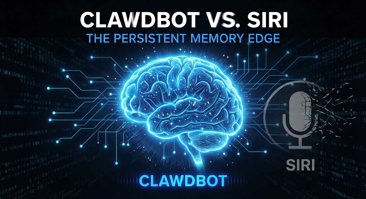 Clawdbot AI assistant brain network vs Siri memory gap illustration