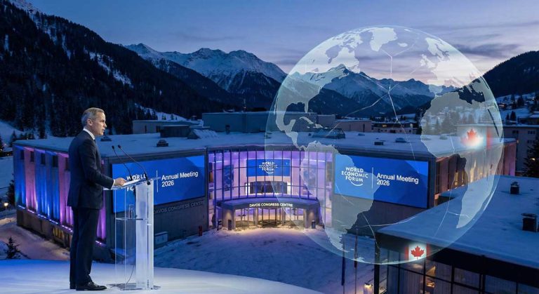 Mark Carney speaks at Davos 2026 podium with breaking holographic supply chain icons and snowy Alps view.