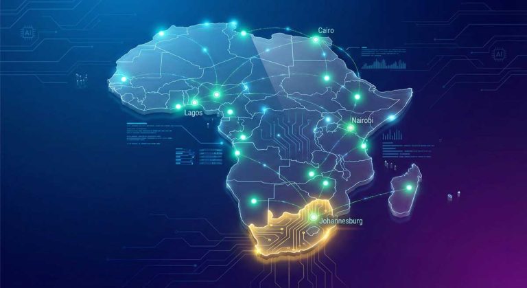Generative AI in Africa adoption map showing South Africa leading at 21 percent with digital network connections across the continent 2025