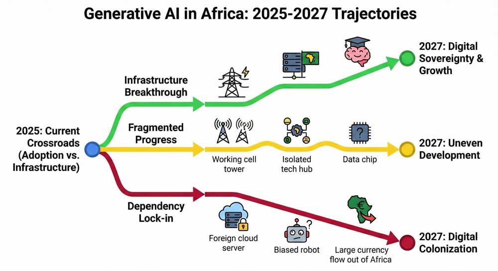 Generative AI in Africa future scenarios 2027 showing infrastructure breakthrough dependency and fragmented progress pathways