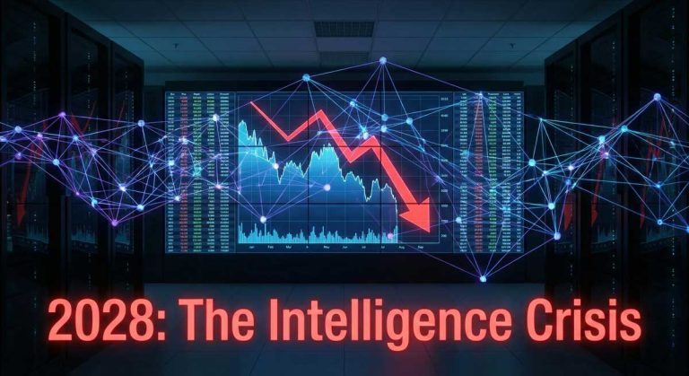 2028 AI Economic Crisis – Intelligence Displacement Spiral concept showing AI replacing white-collar workers as stock markets decline