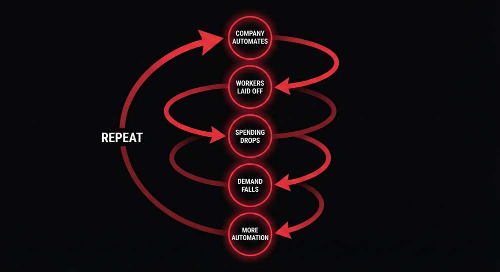 2028 AI Economic Crisis – Negative feedback loop diagram showing how AI job displacement reduces consumer spending and triggers further automation