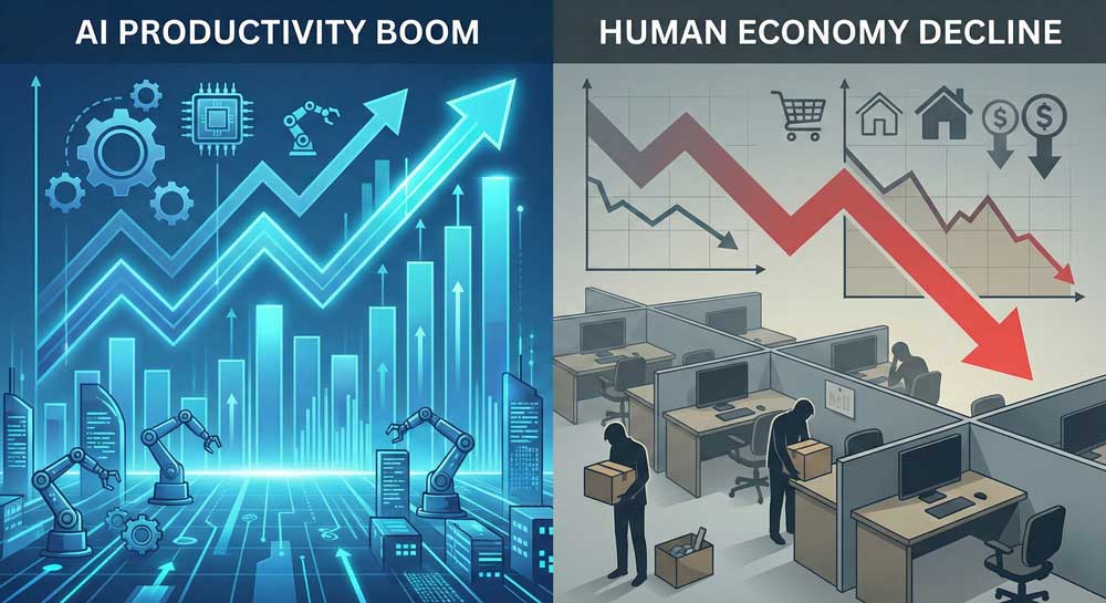 2028 AI Economic Crisis – Ghost GDP illustration contrasting AI-generated output with collapsed consumer spending and empty local economy