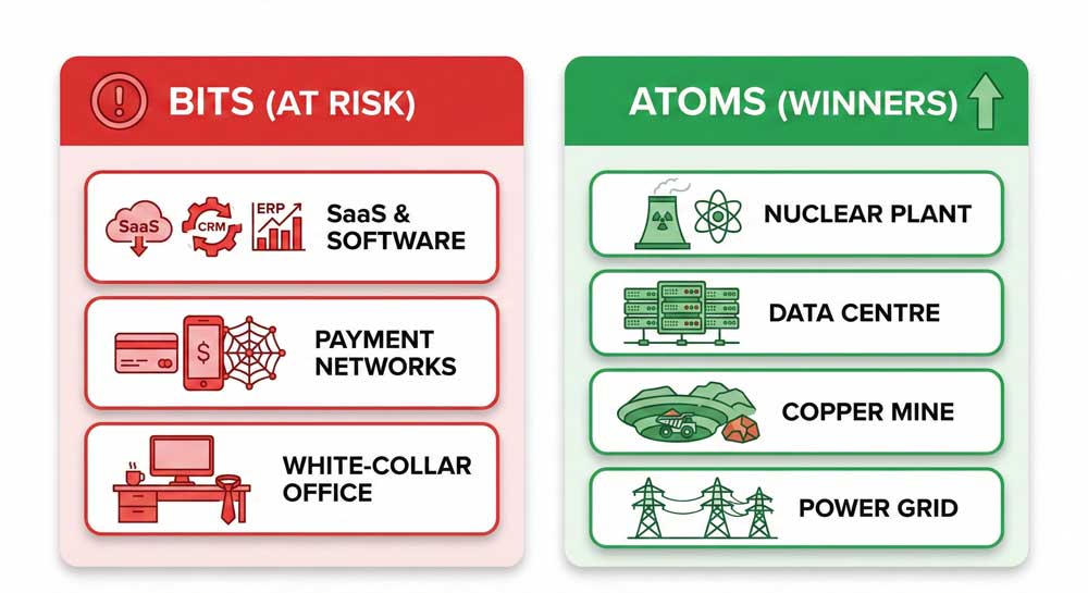 2028 AI Economic Crisis – Atoms vs Bits investment trade showing physical infrastructure winners against digital service sector losers
