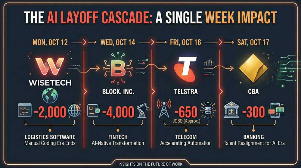 AI job displacement timeline — Block, WiseTech, Telstra layoffs 2025