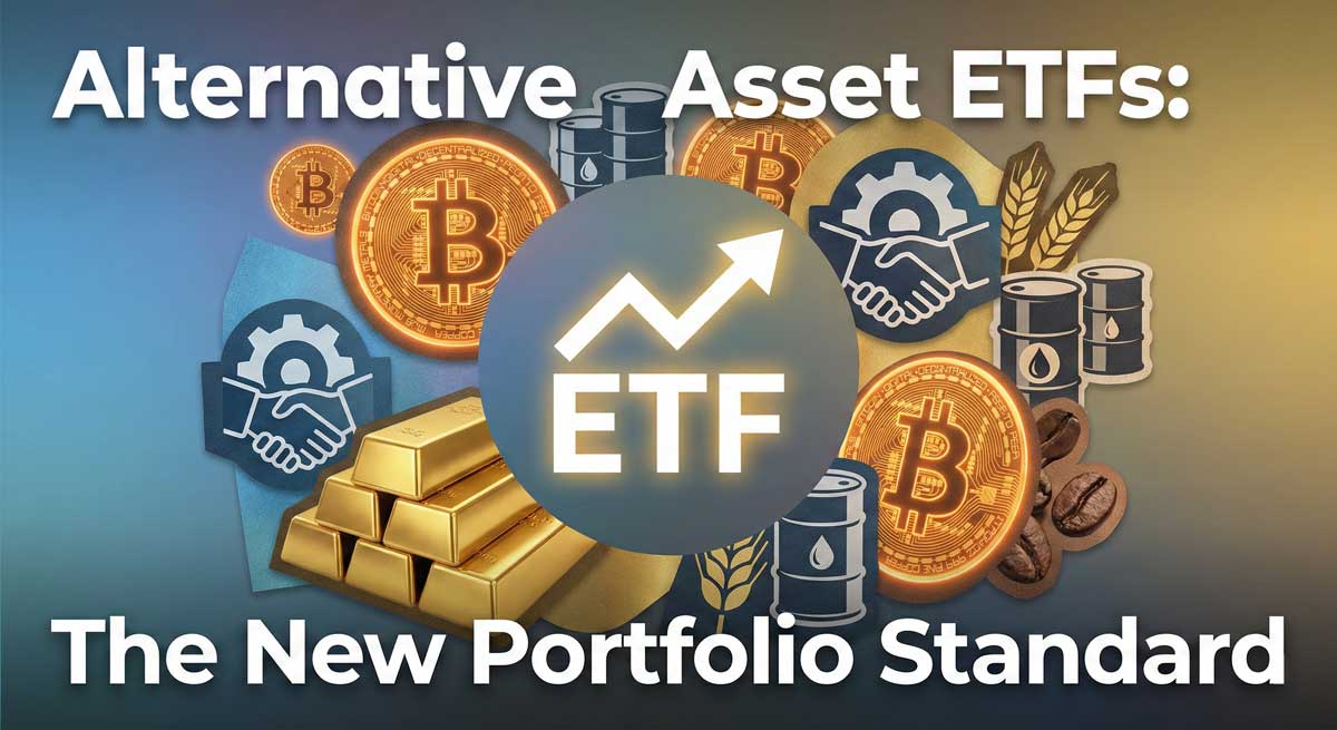 Alternative Asset ETFs comparison chart showing Bitcoin and gold performance versus traditional stocks and bonds