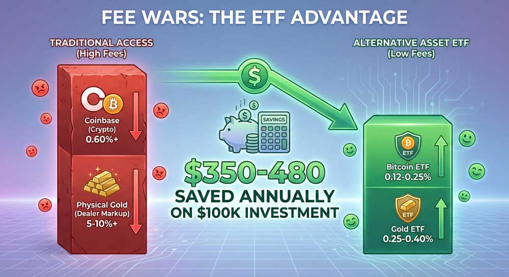 Alternative Asset ETFs fee comparison showing lower costs than traditional cryptocurrency exchanges and physical gold dealers