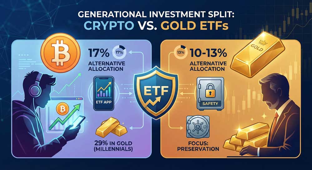 Alternative Asset ETFs allocation by generation showing millennials prefer Bitcoin while older investors choose gold ETFs