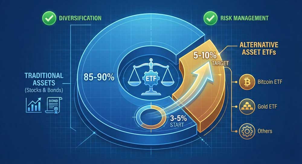 Alternative Asset ETFs optimal portfolio allocation showing 5-10 percent position size for balanced diversification strategy