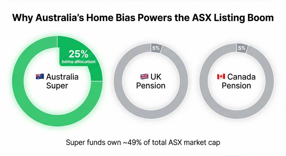 ASX listing advantage — Australia superannuation 25% home bias vs UK and Canada 5%