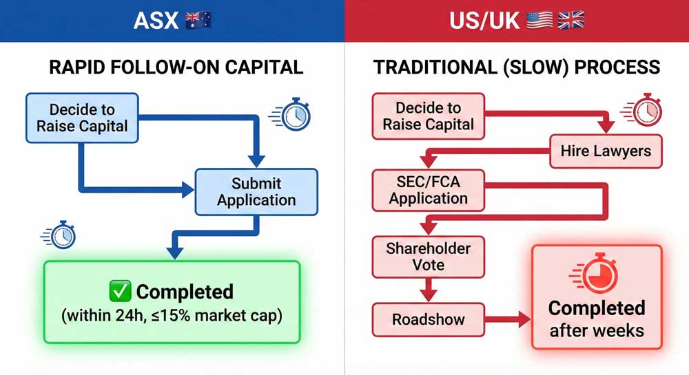 ASX listing follow-on capital raising — 24-hour process vs US and UK shareholder vote process
