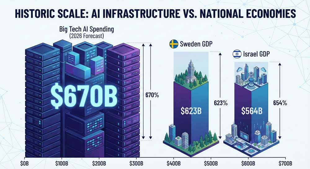 Big Tech AI spending $670 billion comparison to Sweden and Israel GDP economic scale