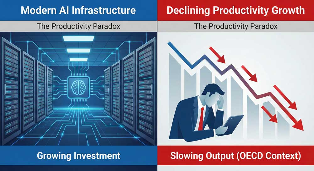 Australia productivity paradox despite Blackstone AI investment showing infrastructure growth versus declining OECD rankings
