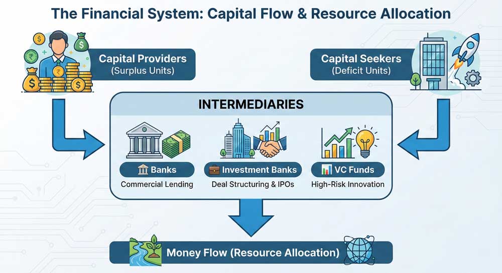 financial system explained diagram showing capital providers intermediaries and capital seekers