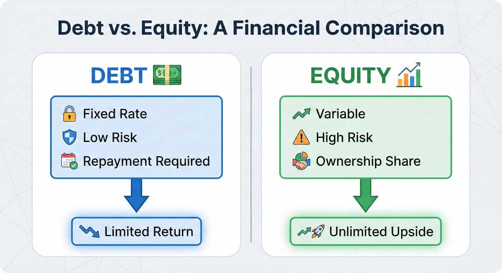 financial system explained debt versus equity investment comparison infographic showing risk and return profiles
