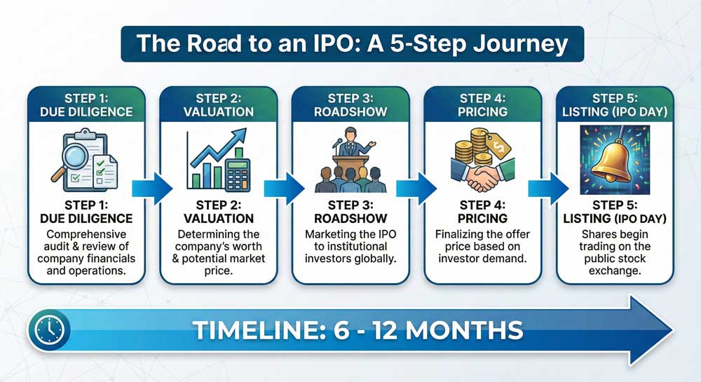 financial system explained IPO process timeline from due diligence to stock exchange listing