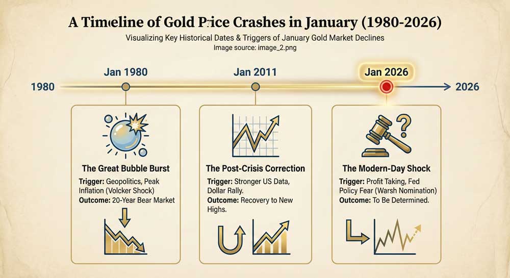 Timeline of Gold Price Crash in January events from 1980 to 2026 showing key dates and triggers