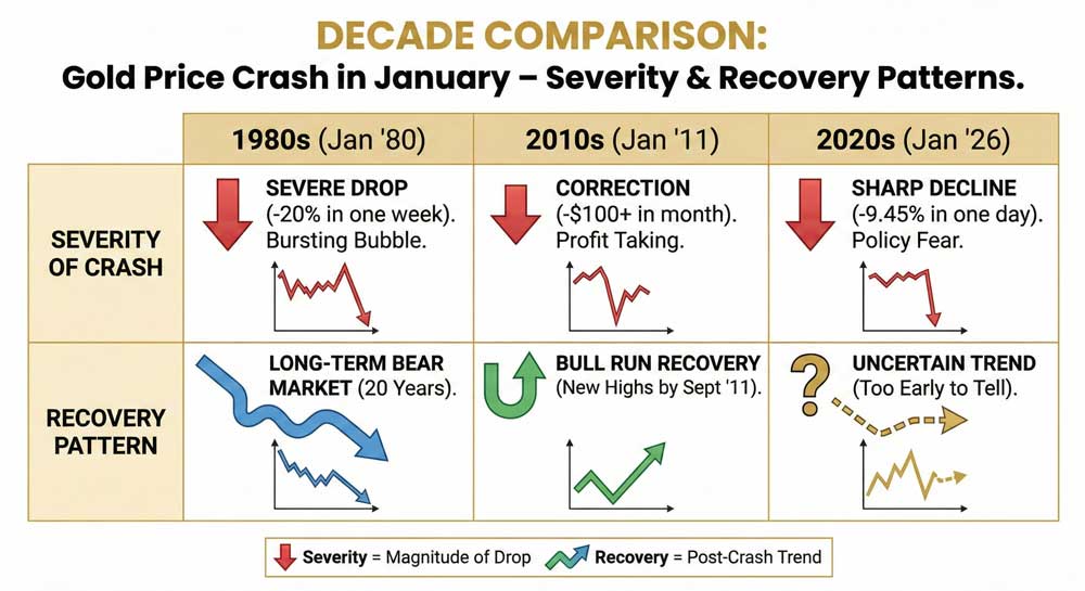 Gold Price Crash in January comparison infographic showing severity and recovery patterns across three decades