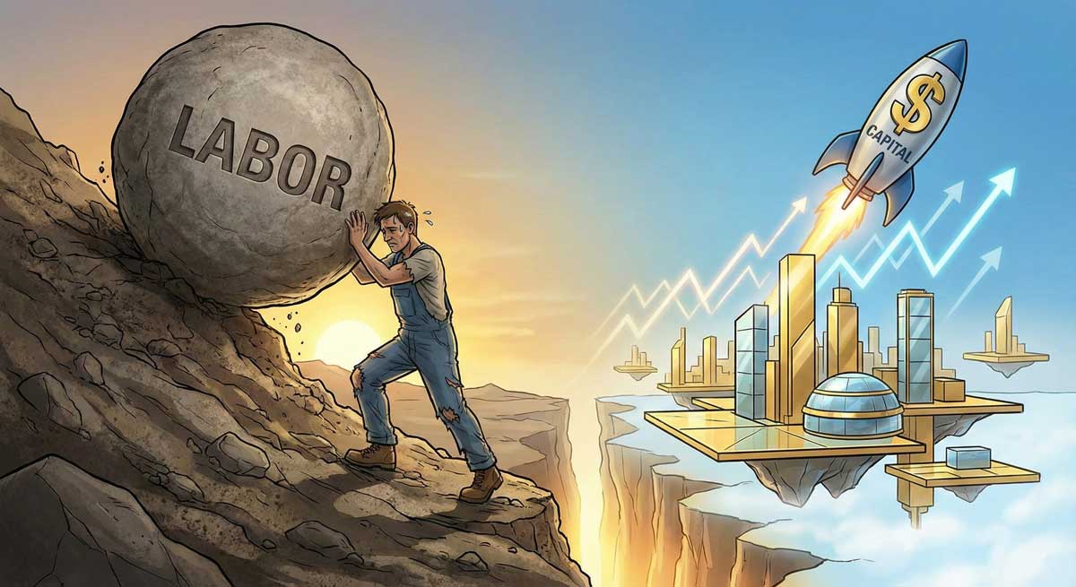 Labor devaluation concept showing economic imbalance between workers and capital owners