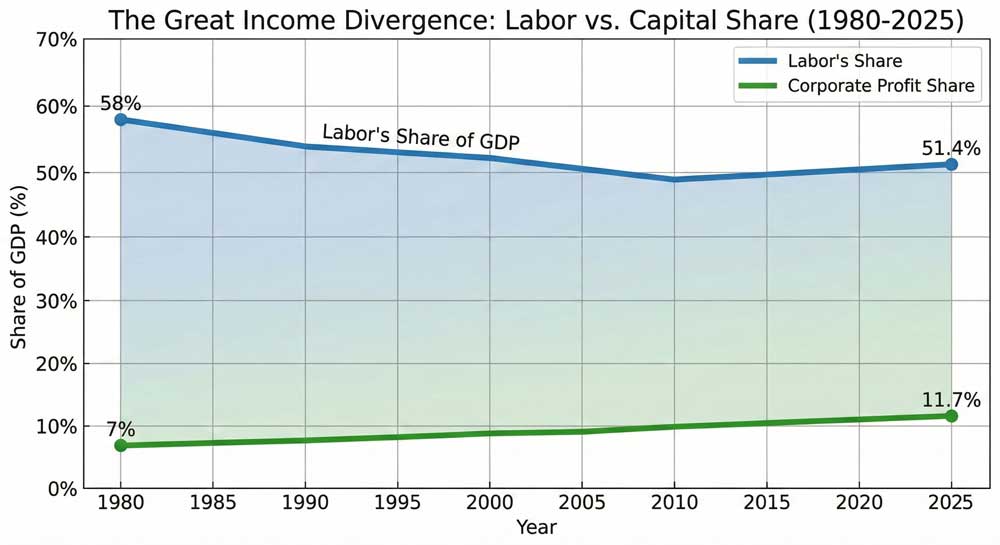 Labor devaluation graph showing declining worker income share versus rising corporate profits 1980-2025