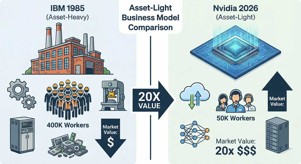 Labor devaluation comparison showing IBM versus Nvidia business models and workforce efficiency differences