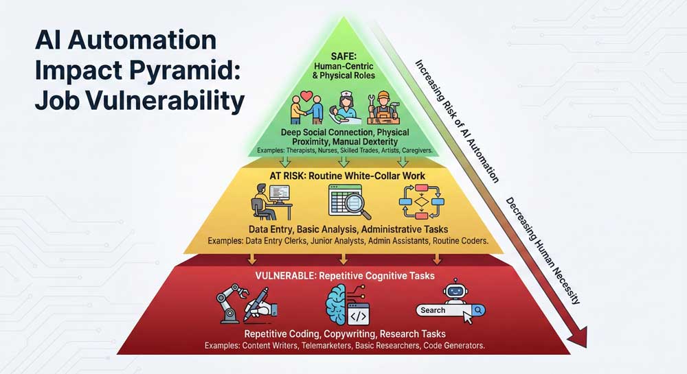 Labor devaluation illustrated through AI automation job vulnerability pyramid showing white-collar risk levels