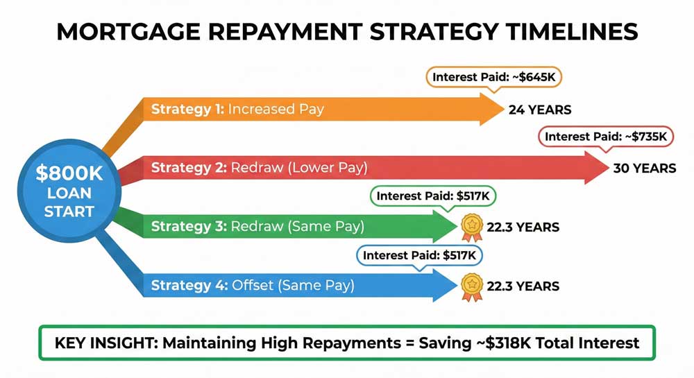 Mortgage repayment strategies timeline showing how maintaining high payments reduces loan term from 30 to 22 years