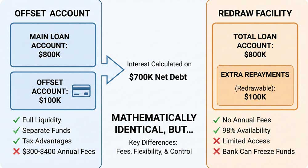 Offset account vs redraw facility comparison diagram explaining mortgage repayment strategies and key differences in access and fees
