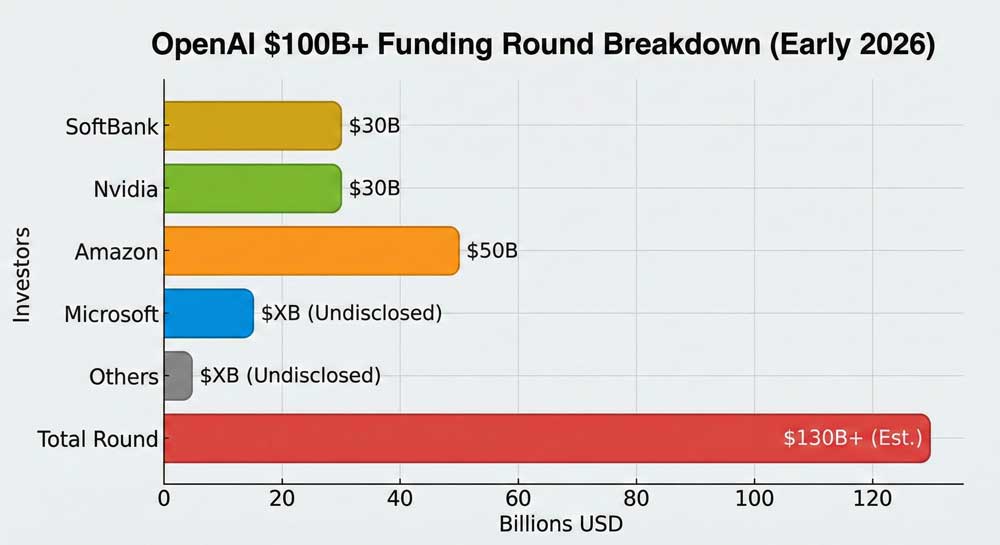 OpenAI IPO 2026 funding round breakdown showing $100 billion investment from SoftBank Nvidia Amazon