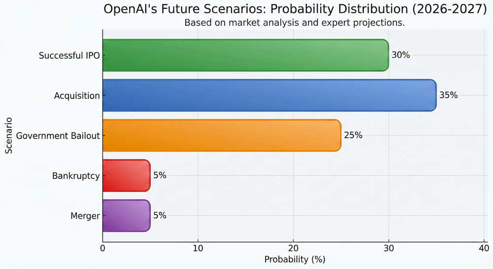 OpenAI IPO future scenarios probability analysis including IPO acquisition and government bailout options