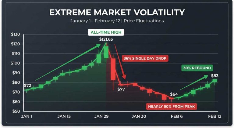 Silver price volatility chart showing 50% crash from $121 peak to $64 low and 30% rebound in January-February 2026