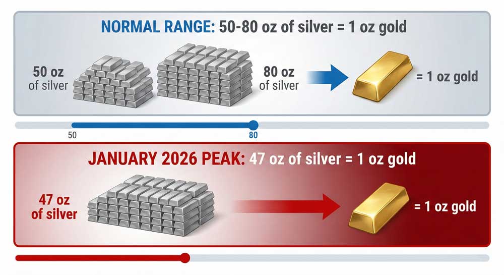Silver price volatility indicator gold-silver ratio showing overvaluation at 47:1 in January 2026 versus normal 50-80:1 range