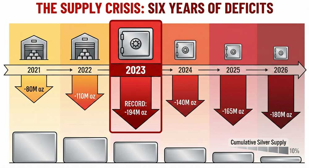 Silver price volatility amplified by six consecutive years of supply deficits 2021-2026 showing cumulative market tightness