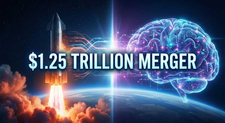 SpaceX xAI merger concept showing rocket launch with AI neural network and orbital satellites