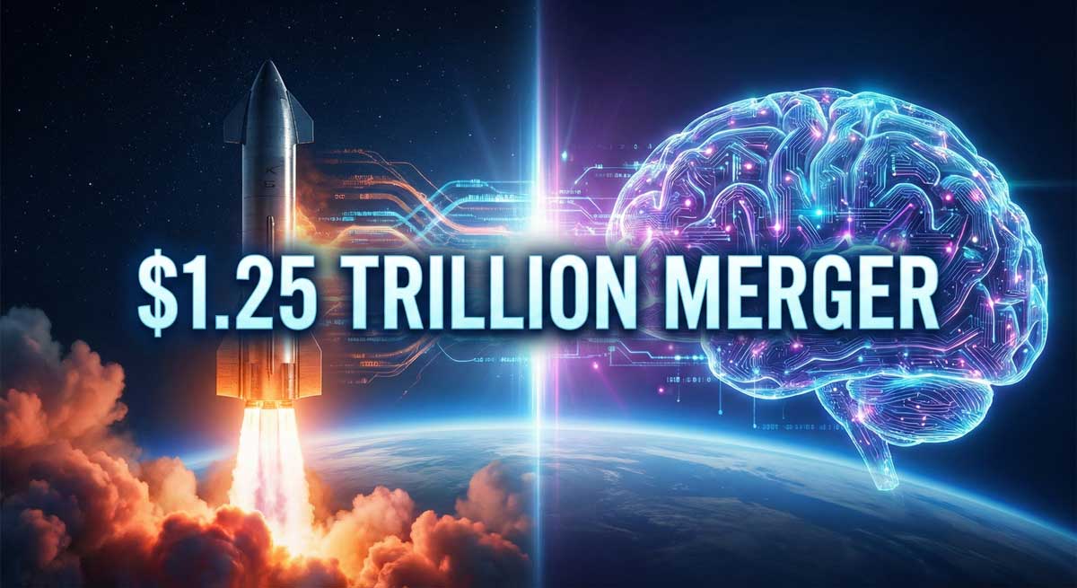 SpaceX xAI merger concept showing rocket launch with AI neural network and orbital satellites