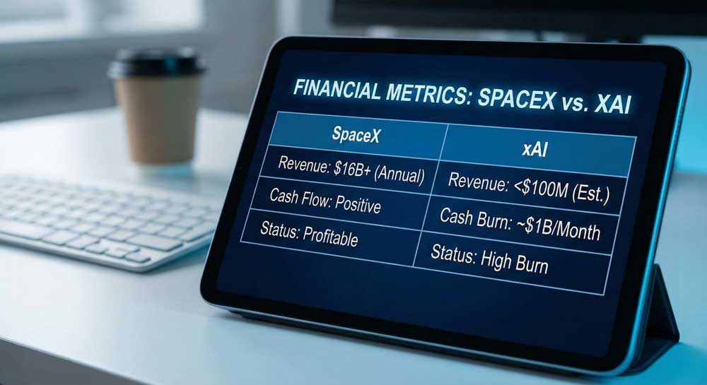 SpaceX xAI Merger: 7 Shocking Facts Behind Elon Musk's $1.25 Trillion Gamble 2 SpaceX xAI merger financial metrics comparison showing revenue and cash burn rates