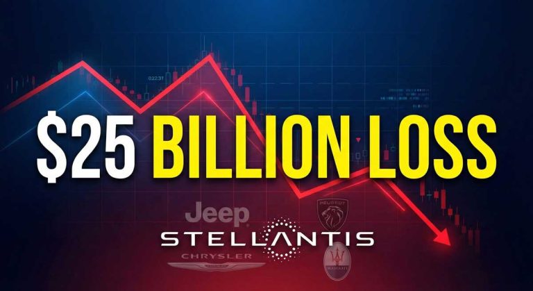 Stellantis financial crisis visualization showing $25 billion loss with downward trending stock chart and automotive brand logos