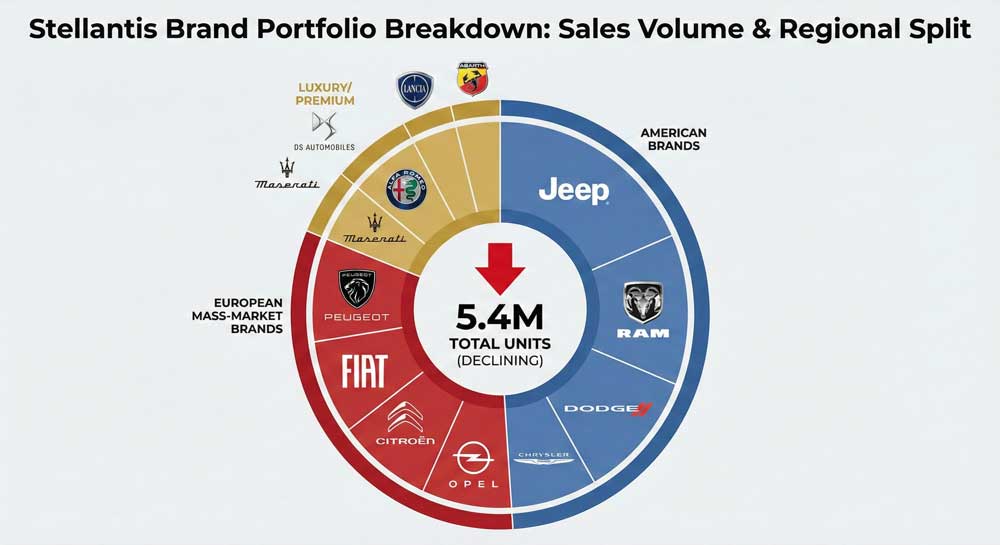 Stellantis financial crisis brand portfolio showing 14 automotive brands including Jeep Peugeot Chrysler with sales volume breakdown