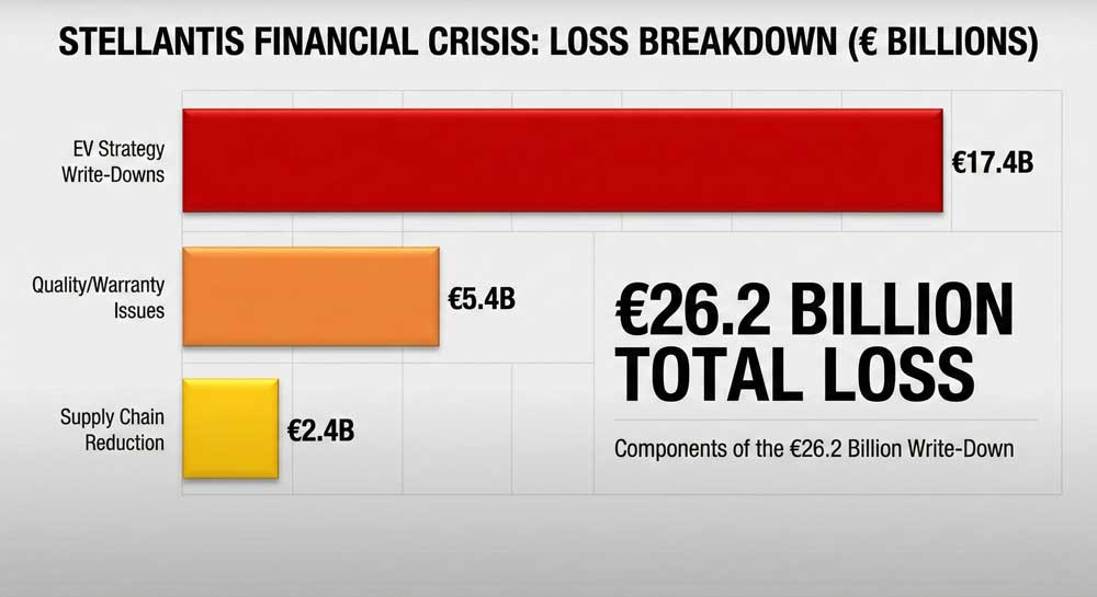 Stellantis financial crisis breakdown chart showing 26 billion dollar loss components EV strategy failure quality issues supply chain costs