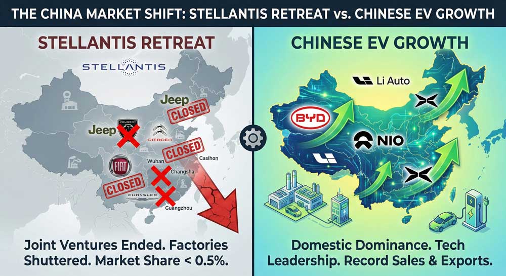Stellantis financial crisis China market exit visualization showing factory closures versus rising Chinese EV manufacturers BYD Nio market dominance