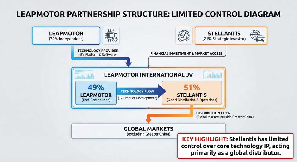Stellantis financial crisis Leapmotor partnership structure diagram showing 21 percent stake joint venture EV technology dependency