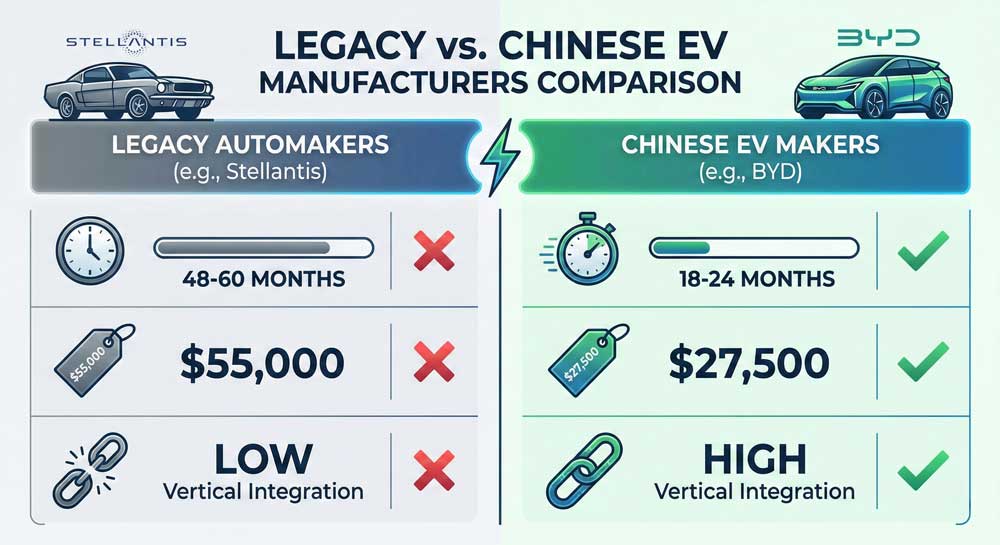 Stellantis financial crisis comparison chart legacy automakers versus Chinese EV manufacturers showing cost speed technology advantages BYD competitive edge