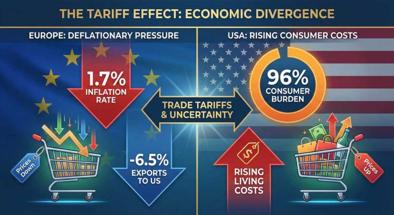 Trump tariffs European inflation impact diagram showing 1.7% deflation and 96% US consumer burden