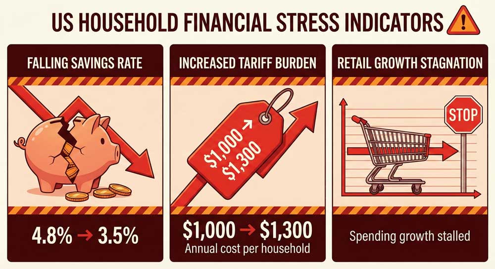 Trump Tariffs European Inflation US consumer savings rate decline and tariff burden increase infographic 2025-2026