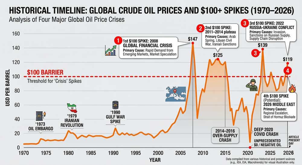 4th oil crisis chart showing crude oil price history 1973 to 2026