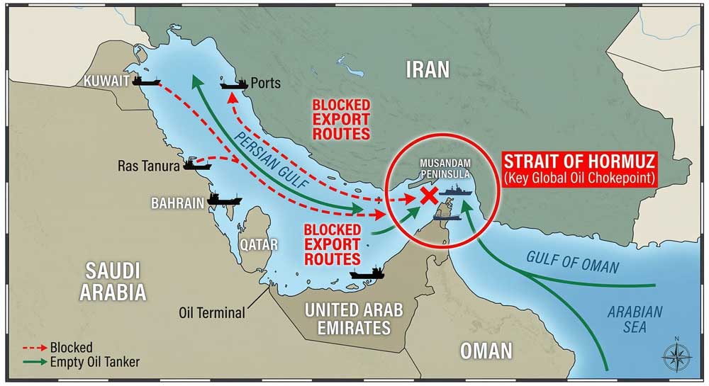4th oil crisis Strait of Hormuz map showing blocked oil supply routes
