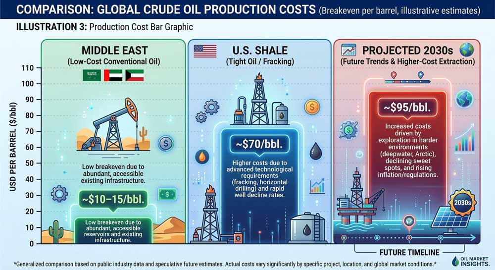 4th oil crisis oil production breakeven cost comparison US shale vs Middle East