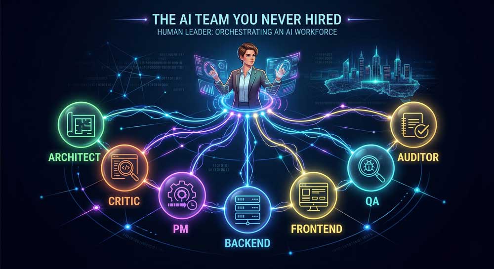Multi-agent AI workplace transformation workflow with human director and seven specialized AI agents
